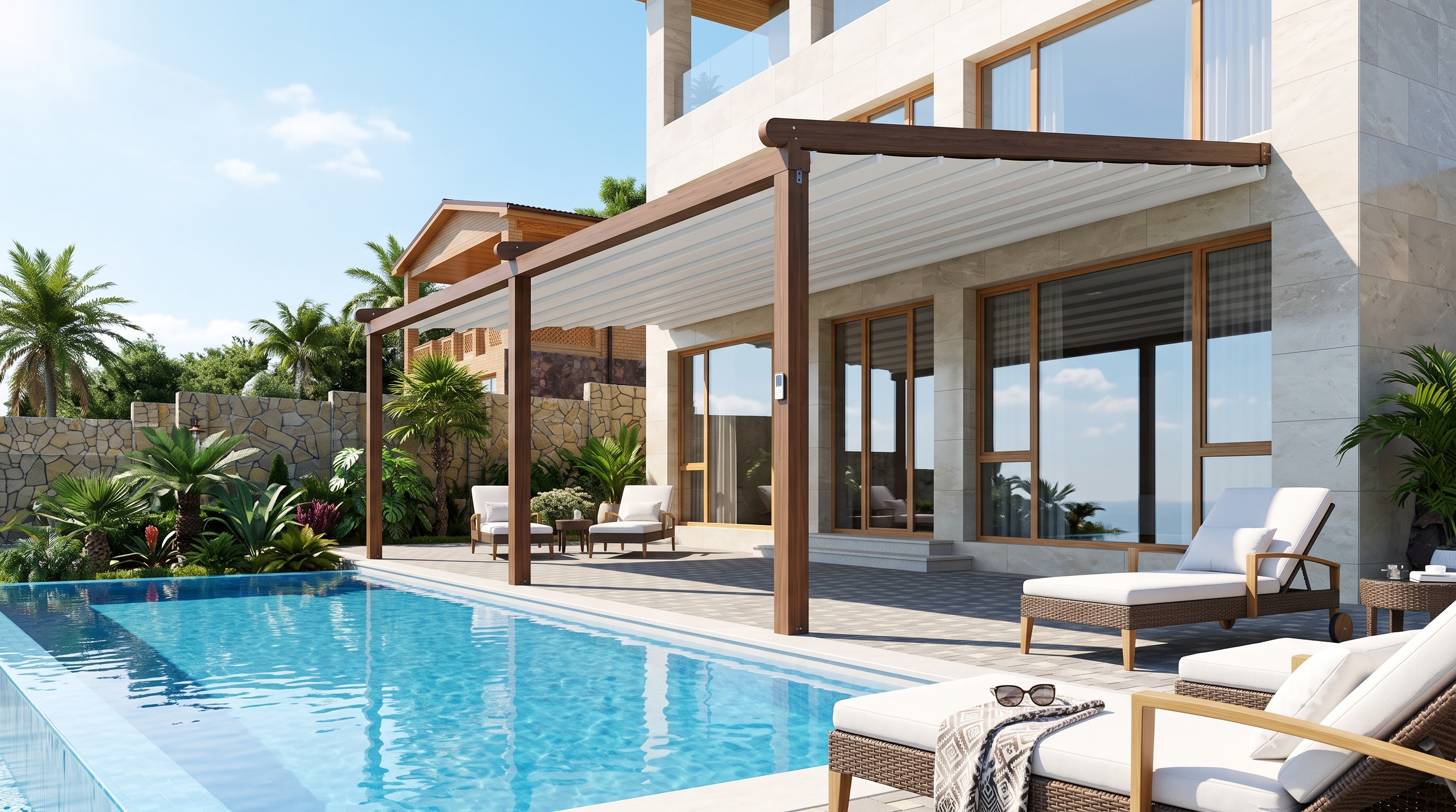 Motorlu Pergola Tente Güneşli Gündüz